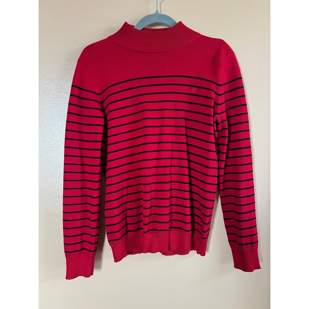 Lauren Ralph Lauren Red Black Stripe Mock Neck Cotton Sweater Womens Medium RL